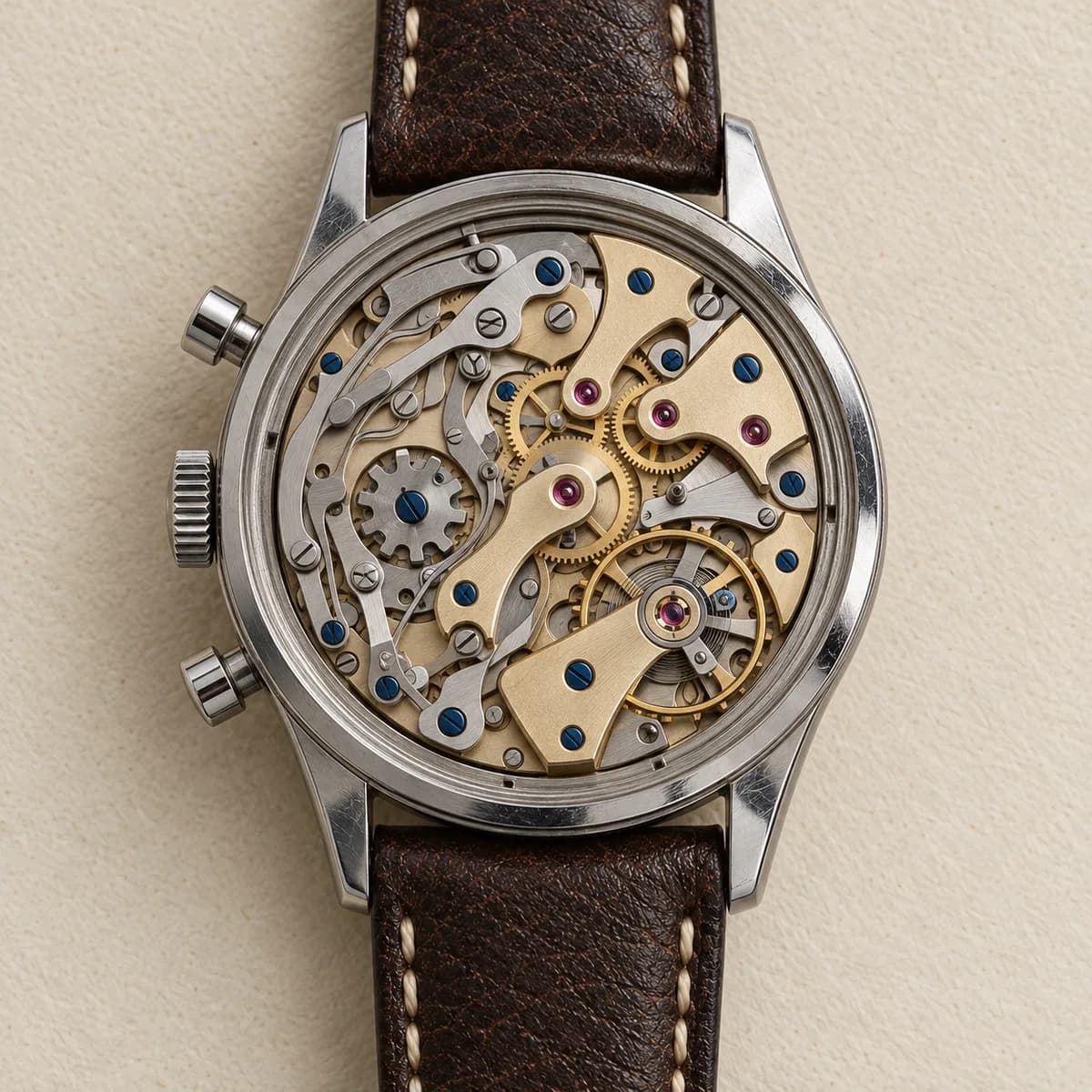The chronograph's movement, photographed through the open caseback