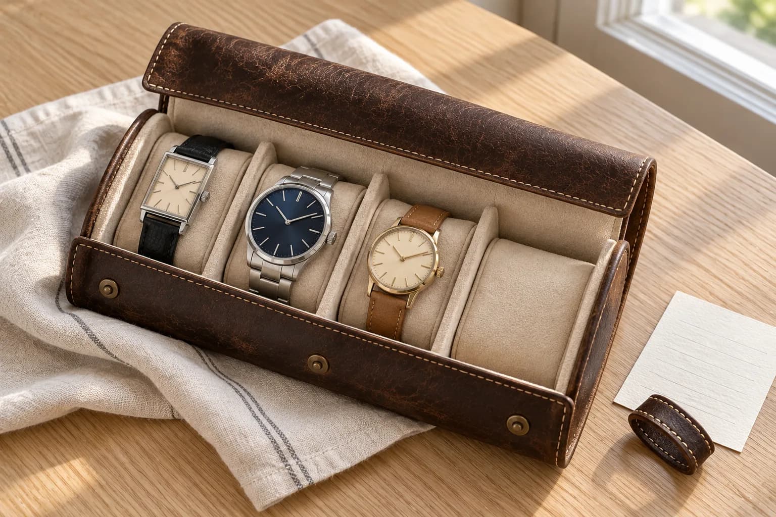 An open leather watch roll on a pale oak table: three different watches in place, one slot empty