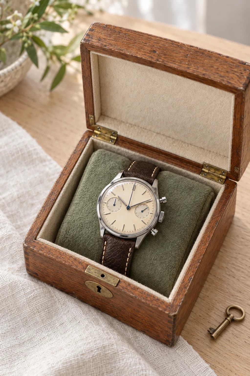 A chronograph resting in an open, felt-lined oak watch box