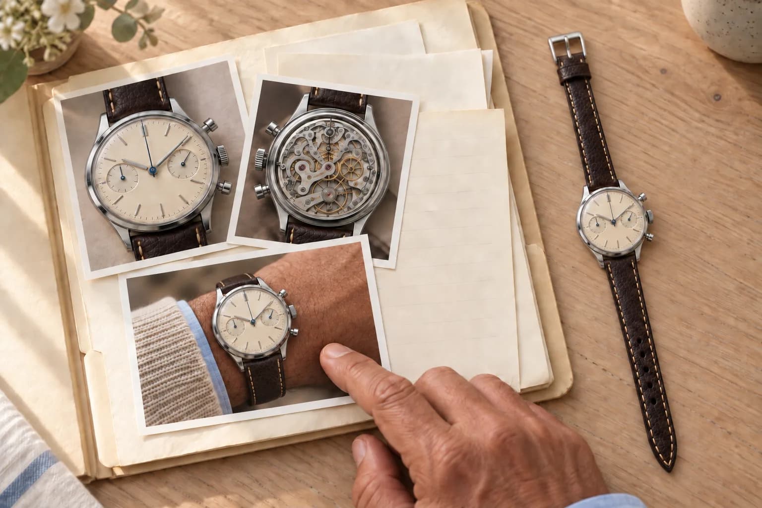 A collector's record of a chronograph in an archive folder, photographs and a service card, the watch beside it