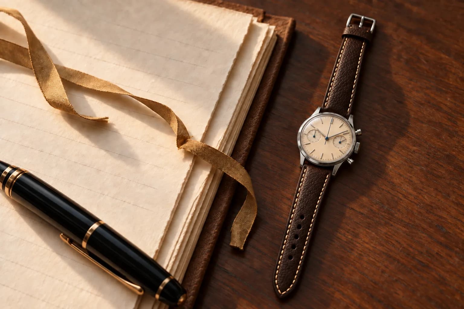 A ribbon-tied paper folio and a capped fountain pen on a walnut desk, a vintage chronograph beside them