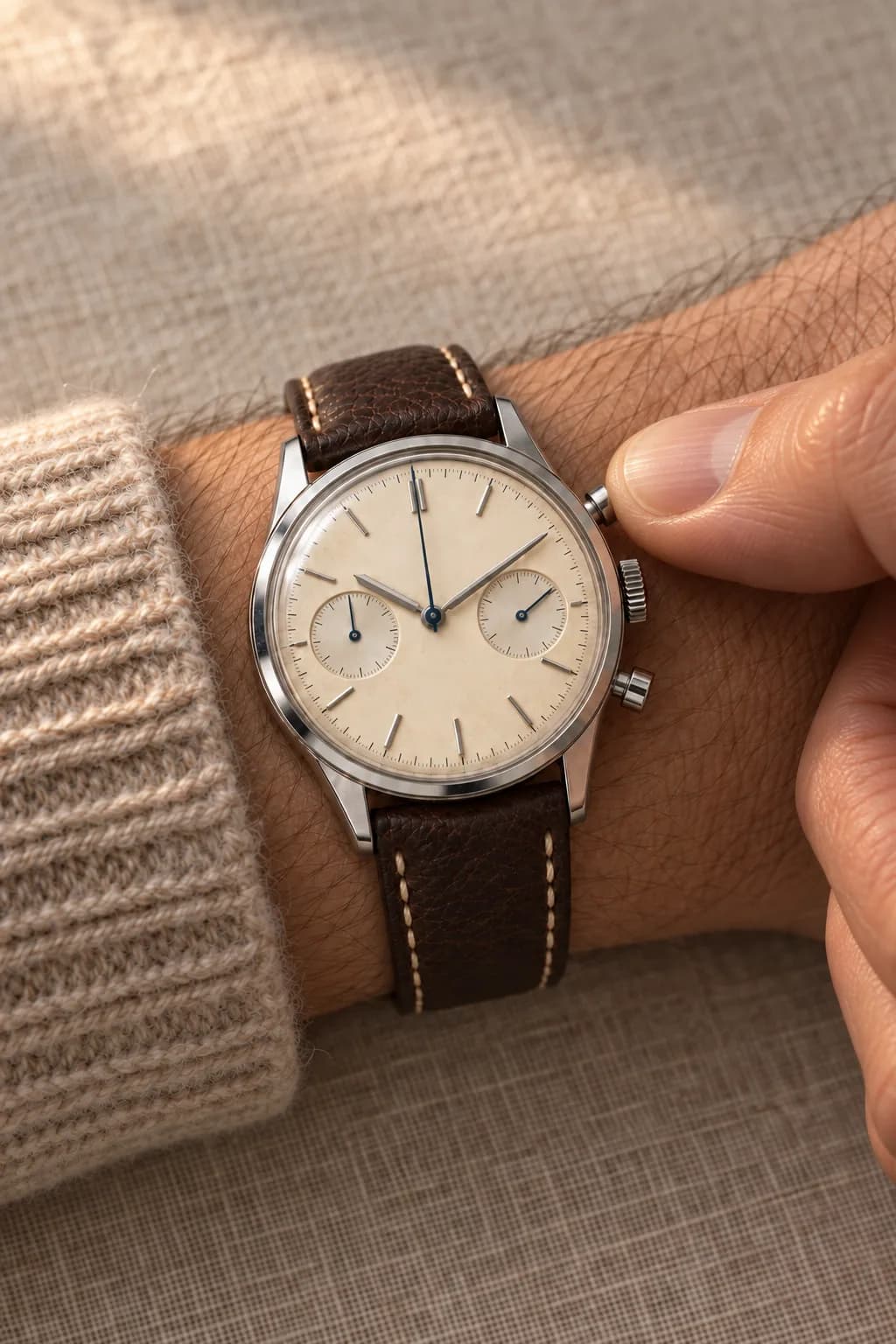 A thumb pressing the stop pusher of a chronograph worn above a wool cuff