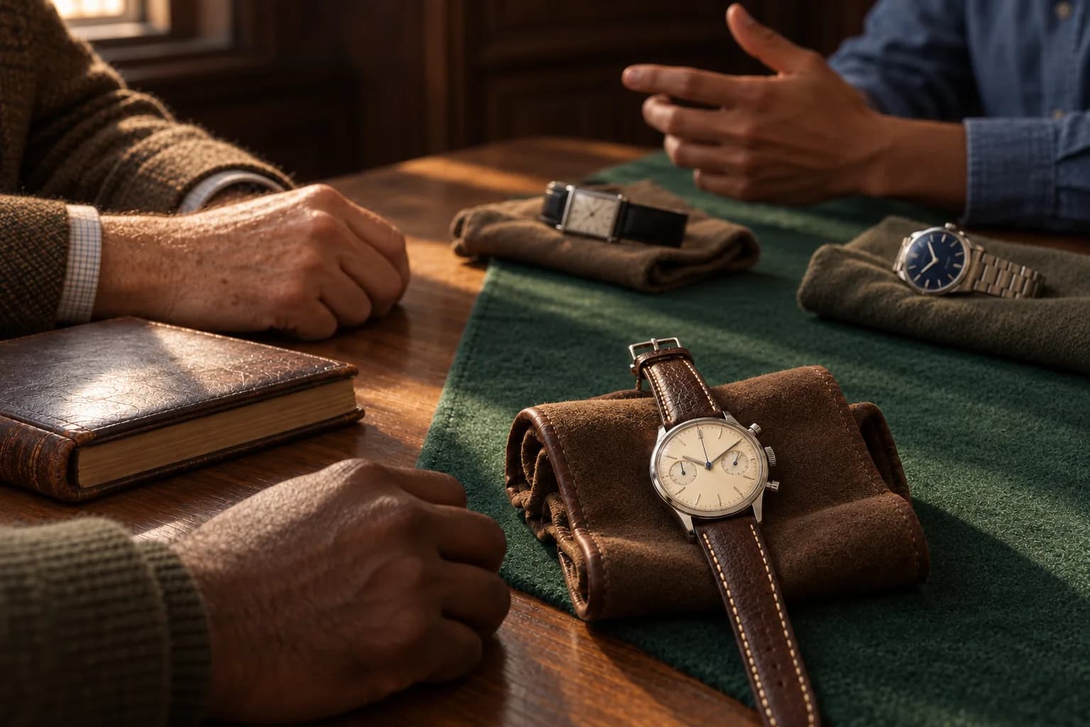 Hands of collectors around a long baize-covered table, vintage watches resting on leather rolls between them
