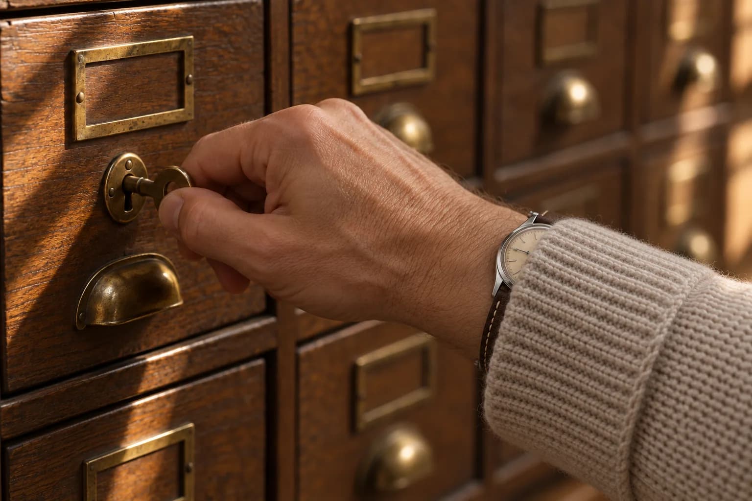 A hand turning a brass key in an oak archive drawer, a chronograph on the wrist