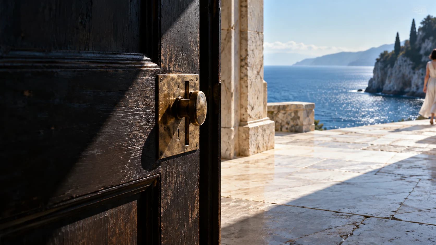 A worn brass latch at an open gallery door, with a passing figure inside