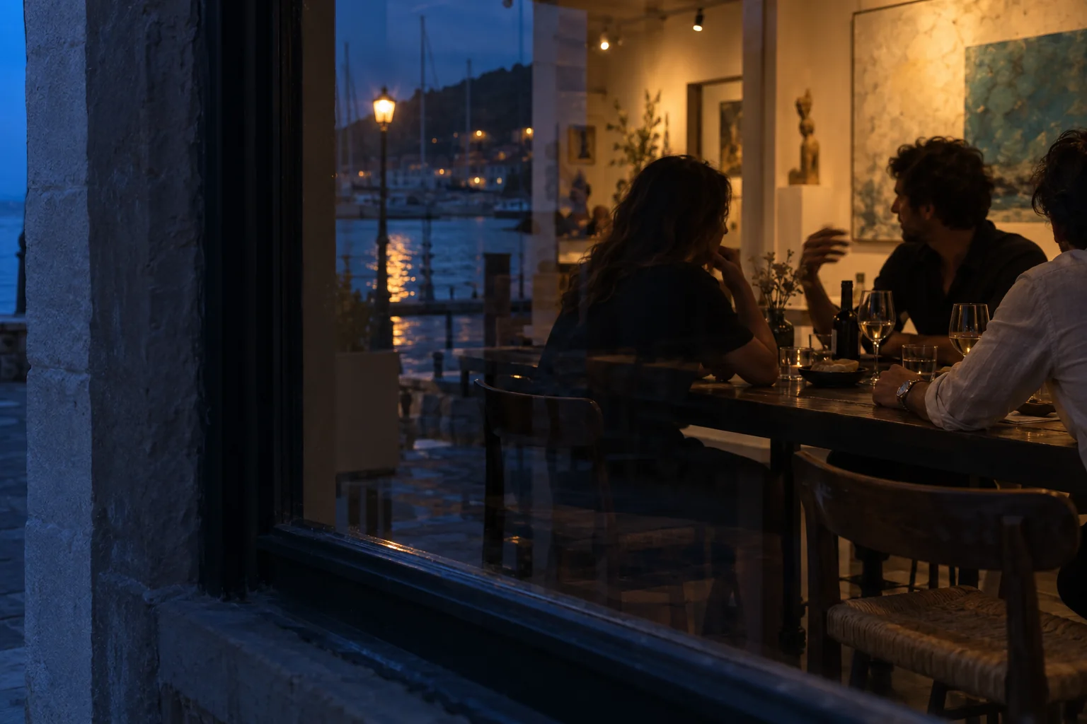 A small gathering seen through cafe glass, street reflections crossing a conversation