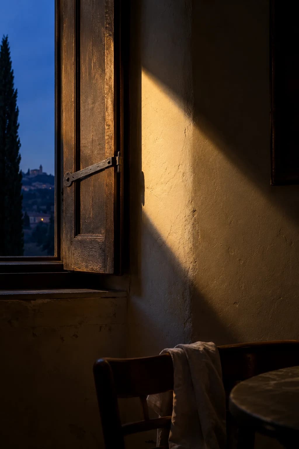 A half-open shutter shaping a narrow plane of light, with an empty chair below