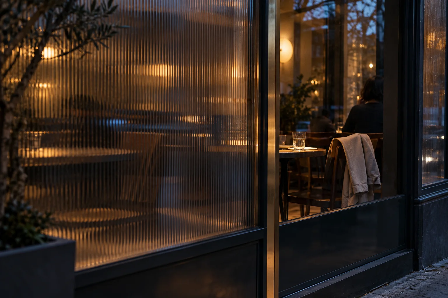 Ribbed glass obscuring most of a cafe, with one clear view of a table and a linen jacket