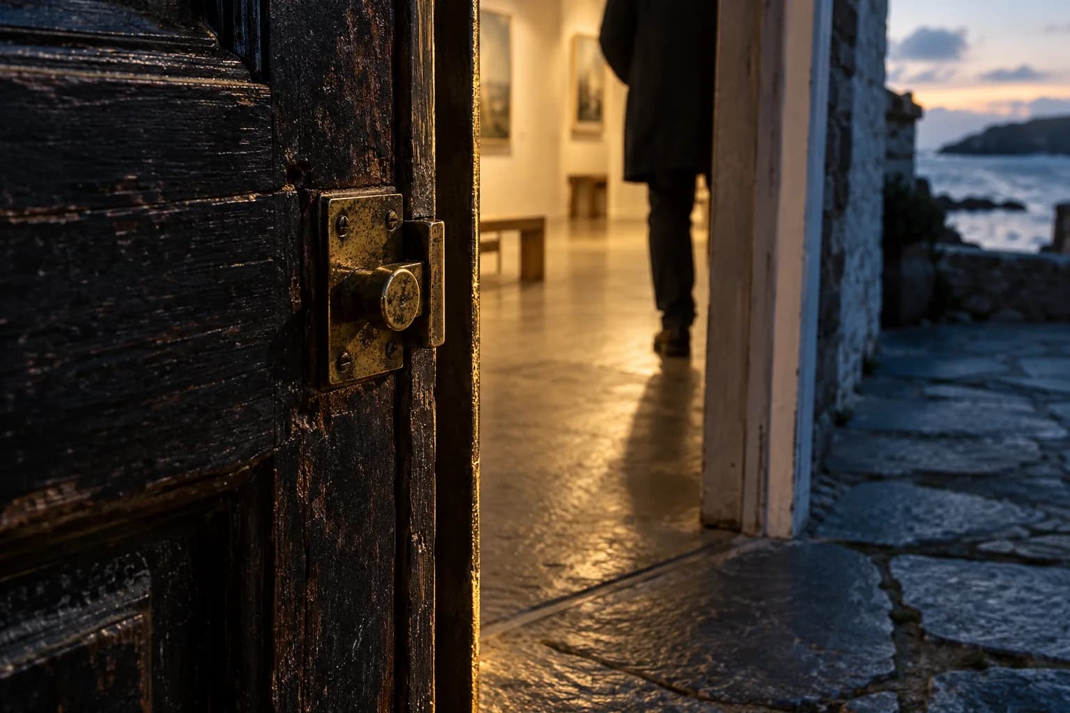A worn brass latch at an open gallery door, with a passing figure inside