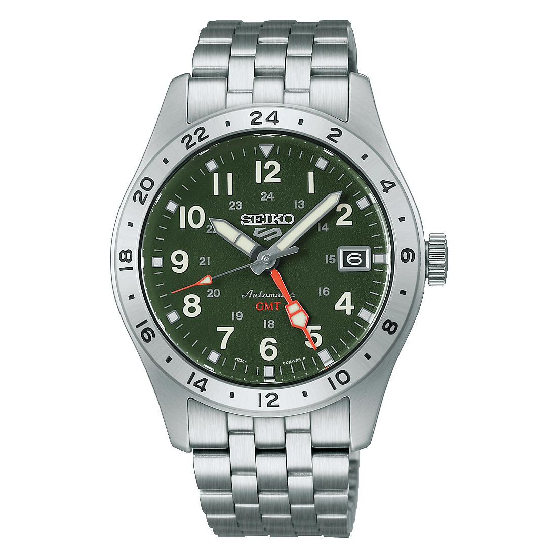 A stainless steel wristwatch with a green dial, large Arabic numerals, a date window, and a metal bracelet on a white background.