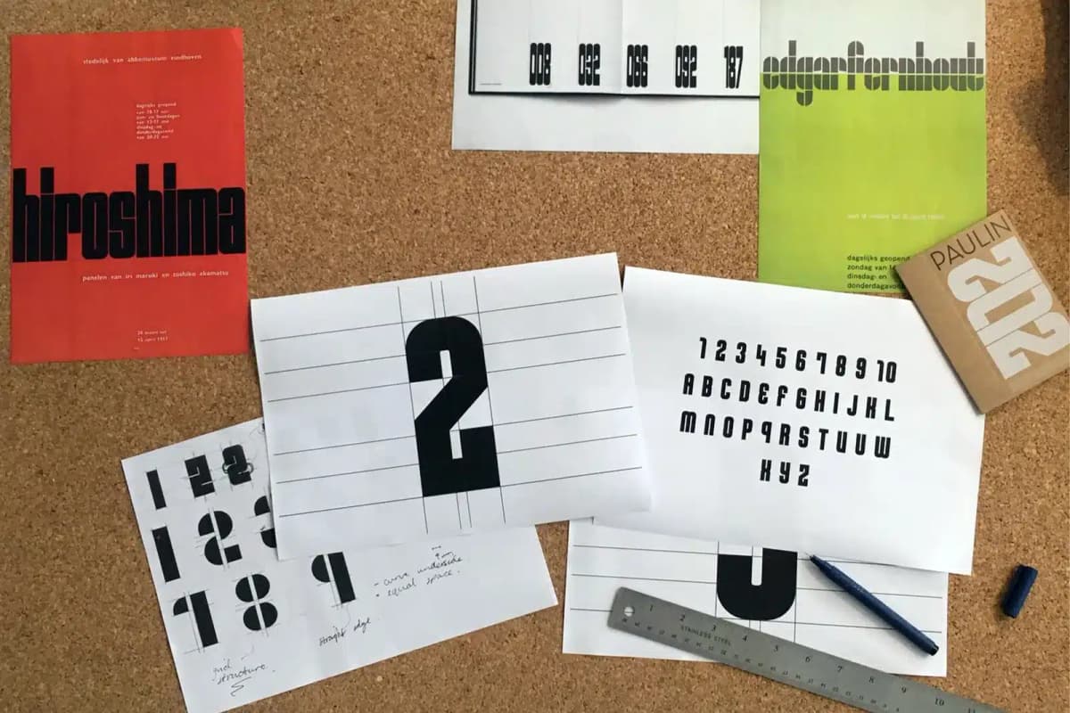 A corkboard covered with graphic design sheets showing large black numbers, letters, and layout studies.