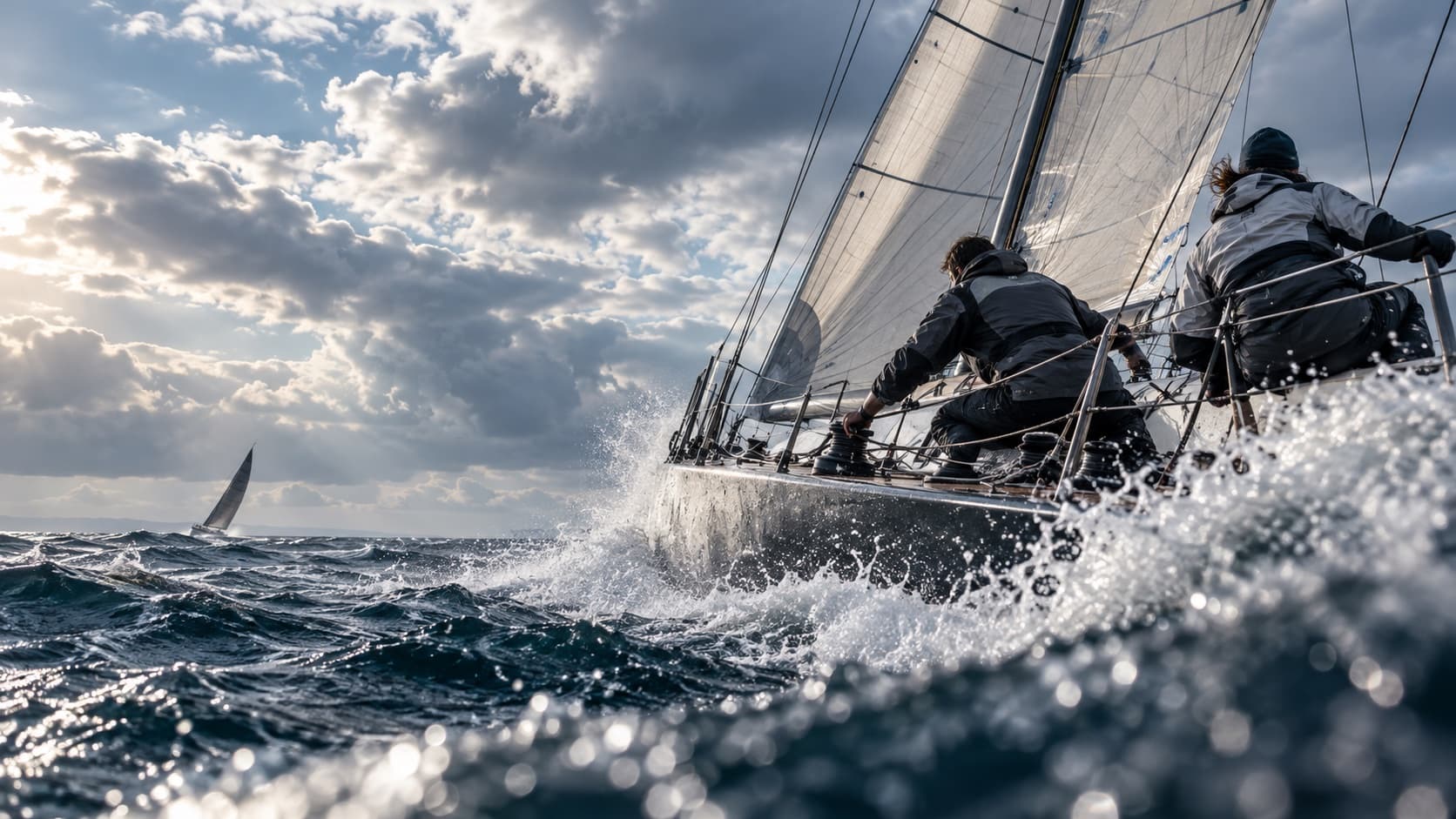 Two crew working a winch on a racing yacht heeled into the waves, spray lit by a low sun under a broken sky, another boat on the horizon.