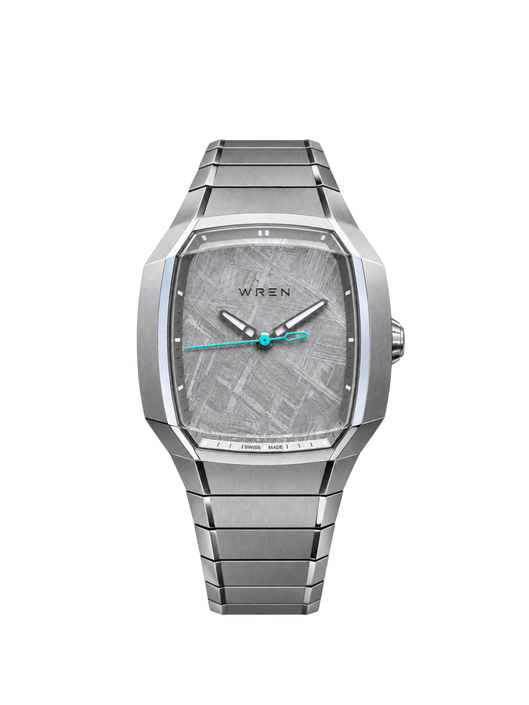 A stainless steel wristwatch with an integrated bracelet and a textured gray dial on a white background.