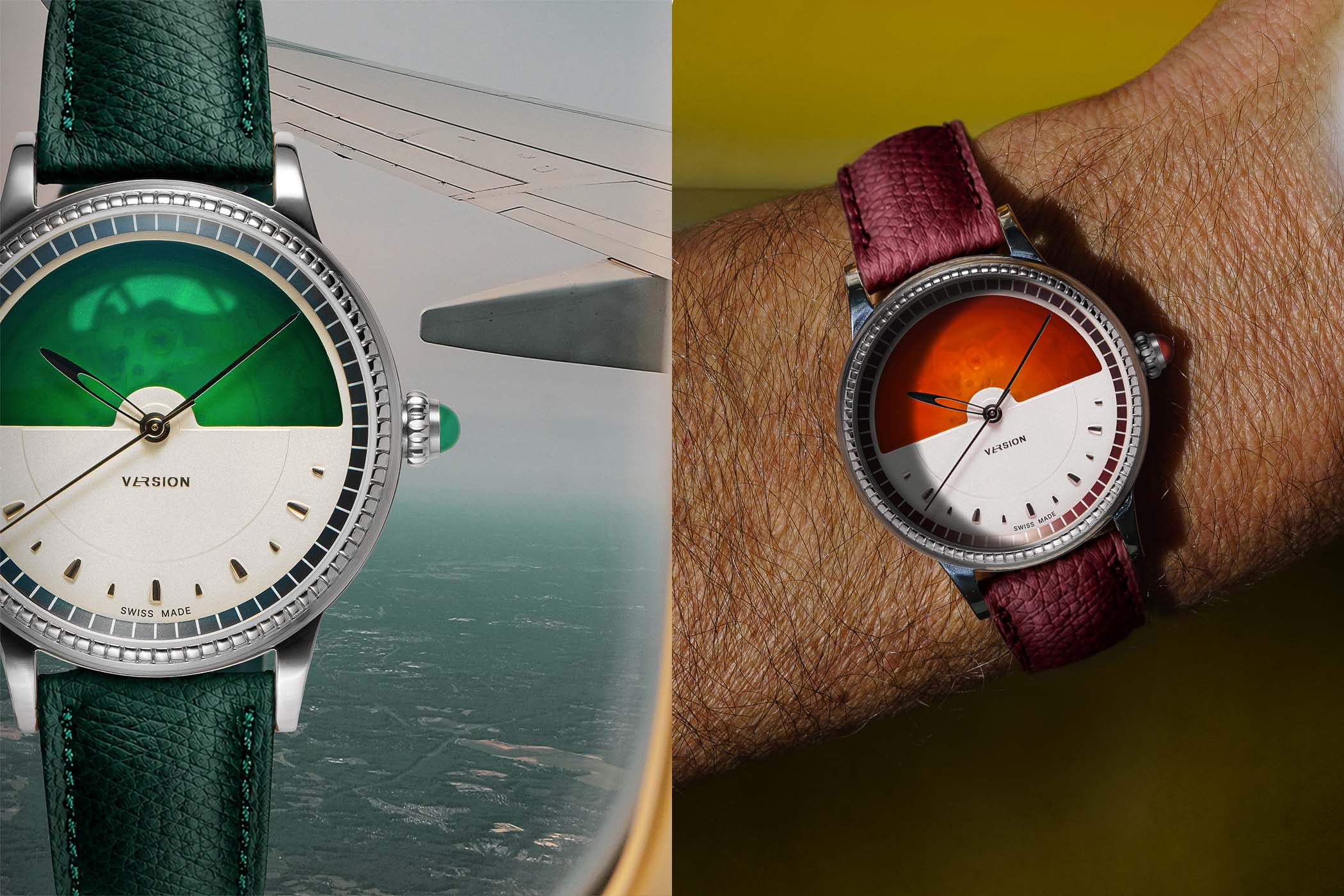 Two wristwatches with half green and half white dials, one shown against an airplane window and one worn on a wrist.