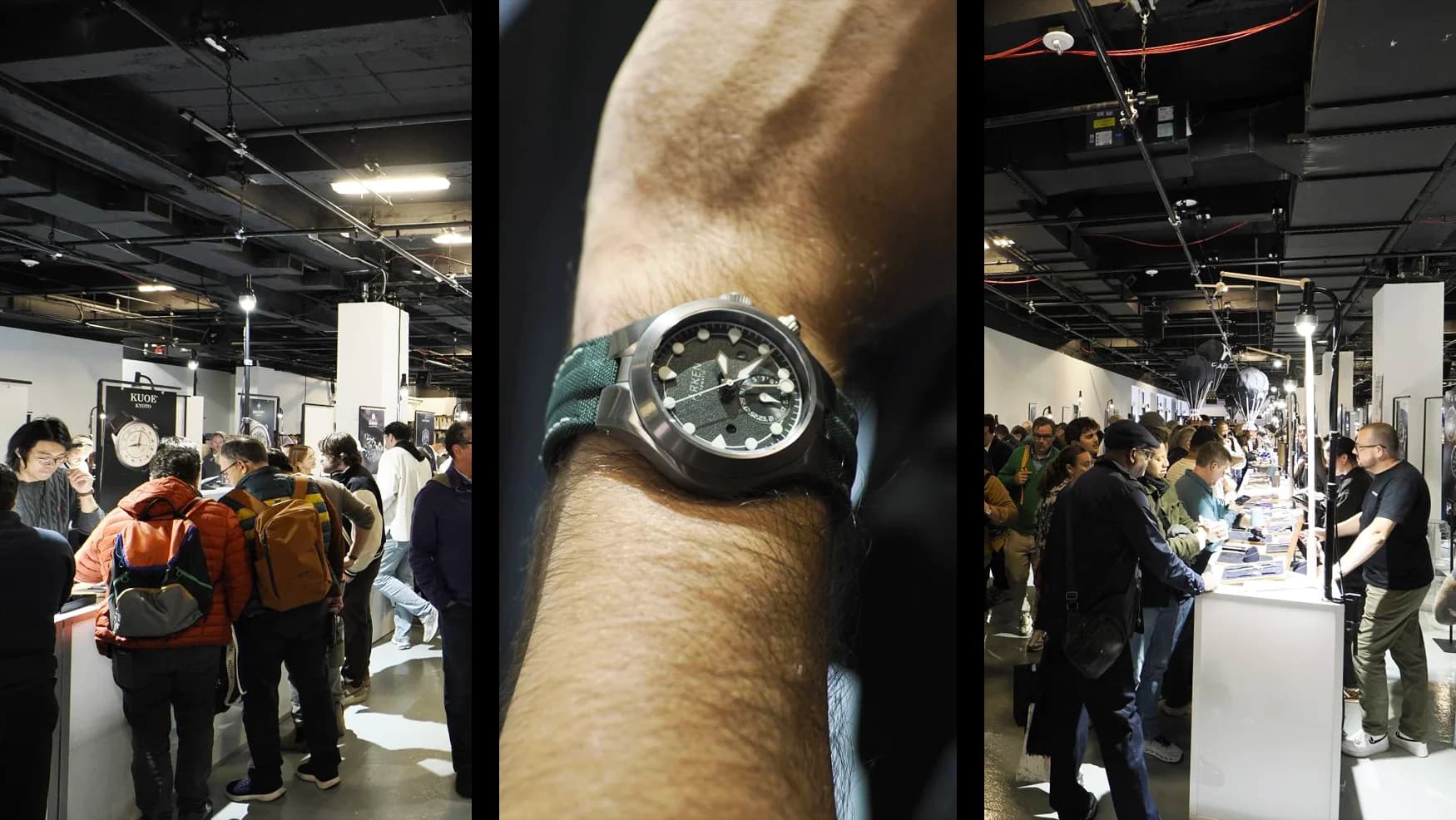 A crowded indoor watch fair with display tables and one close-up wristwatch in the center panel.
