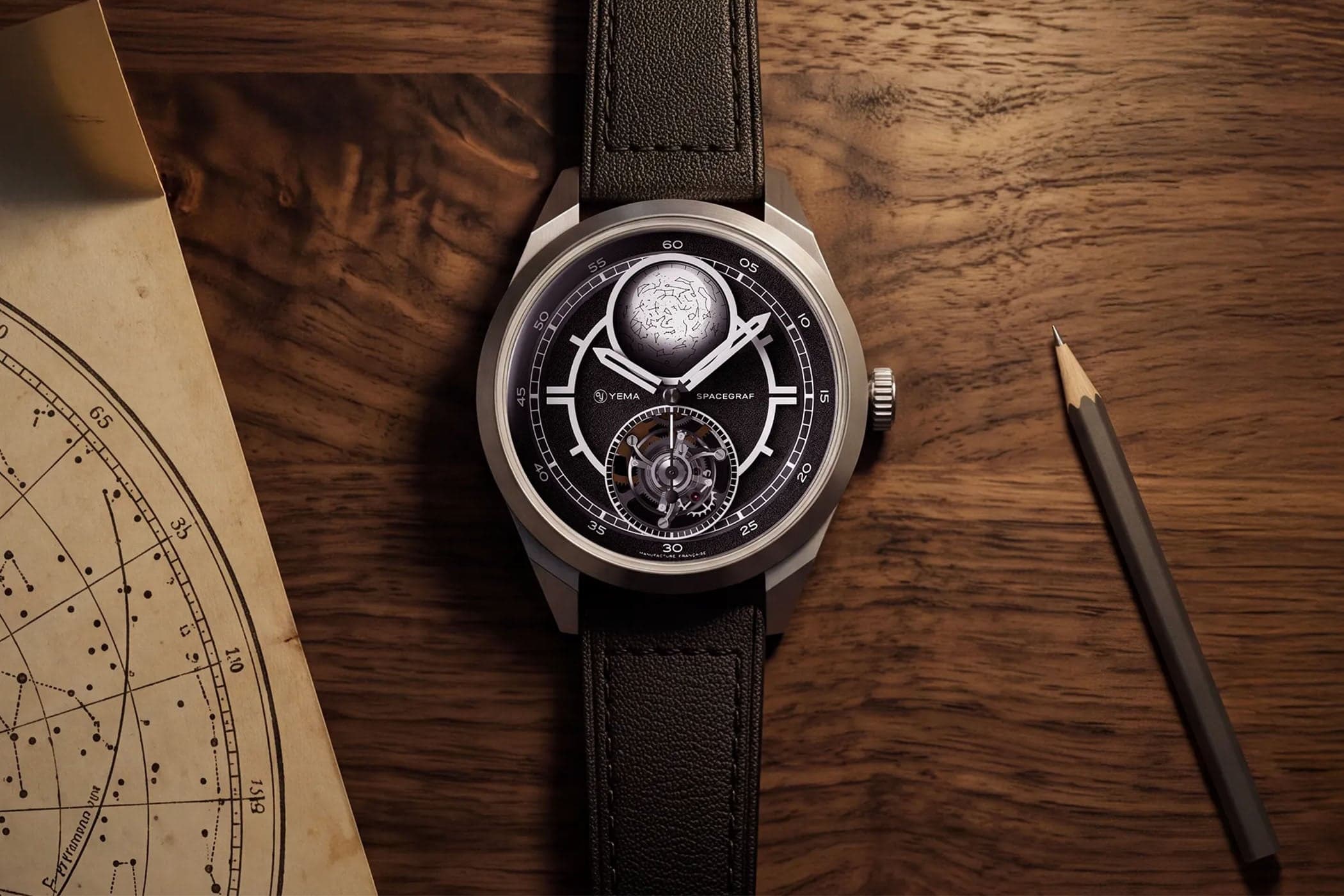 A wristwatch with a black dial and visible tourbillon rests on a wooden surface beside a pencil and a chart.